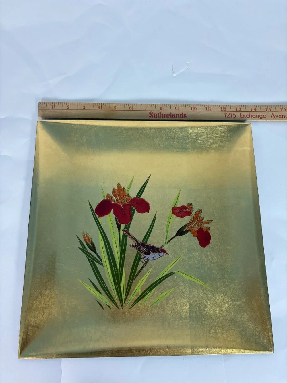 Vintage Toyo Japan Gold Lacquer Serving Tray | Mid Century Japanese Floral Bird